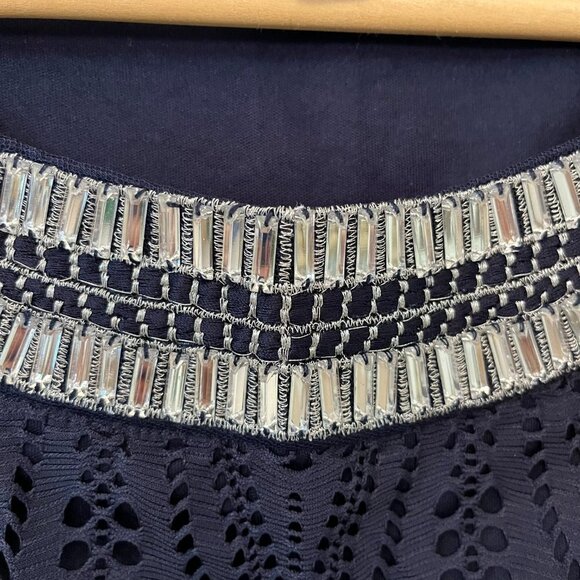 Roz & Ali Navy Eyelet Jeweled Scoop Neck Dress - Size 16 - Picture 3 of 11